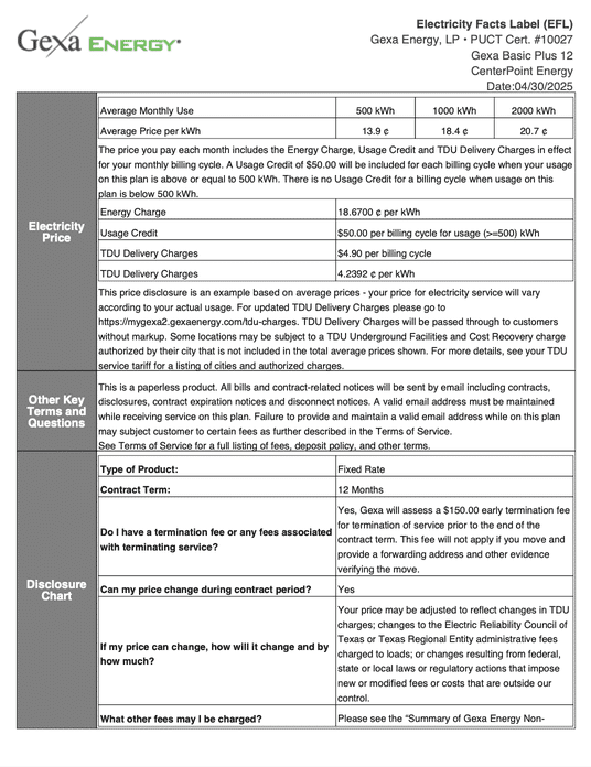 1st page of Gexa Basic 12 plan EFL
